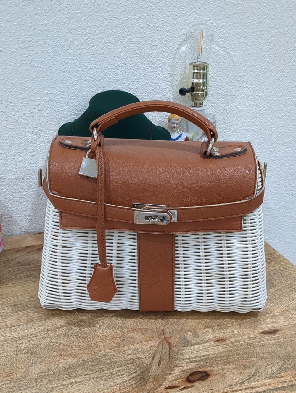 Wicker Birkin Style Bag in Tan and White
